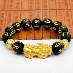 Feng Shui Obsidian Stone Beads Bracelet Men Women Unisex Wristband Gold Black Pixiu Wealth and Good Luck Women Bracelet