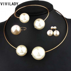 VIVILADY Fashion Jewelry Sets Huge Imitation Pearl Rhinestone Necklace Bangle Earrings Rings Statement Women Vogue Wedding Gifts