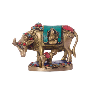 Stone Studded Brass Cow and Calf