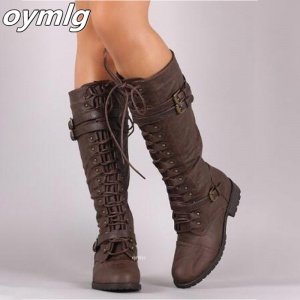 Women Knee high Boots Lace Up Flat Shoes Sexy Steampunk PU Retro Buckle women shoes