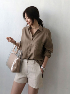 Casual Long Sleeve Cotton Linen Shirt Vintage Harajuku Loose Blouses or Tops for Woman Long Sleeve Elegant Basic Tunics