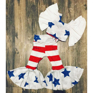 FOCUSNORM 1-5Y Independence Days Kids Girls Clothes Sets Ruffles Fly Sleeve Stars Striped Print Tops Flare Pants Outfit