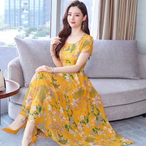 Short Sleeve Floral Printed Round Neck Korean Long Dress for Women