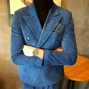 Costume Homme Blue Corduroy Men's Suits Slim Fit Suits Double Breasted Groom Blazer Wedding Dinner Prom Party Tuxedo Coat+Pant