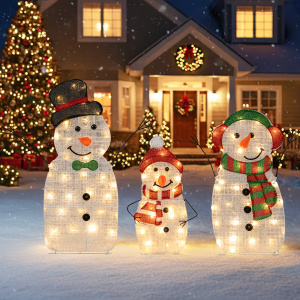 Pre-Lit 2D Snowman Family Christmas Decoration Set - 3-Piece Lighted Snowman Decor - Additional Image