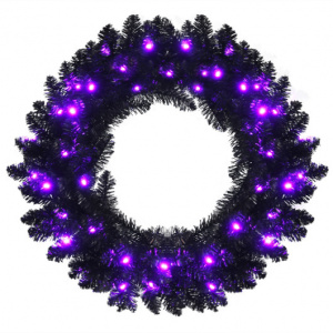 Pre-lit Halloween Wreath 24 Inch, Black, with 35 Purple LED Lights