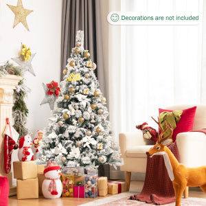 Snow Flocked Christmas Pencil Tree with Berries and Poinsettia Flowers