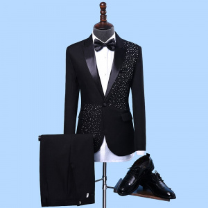 Men's Formal Suits Black white Crystals Slim Blazers Group musical performance Costume Wedding Party Prom Host singer Stage suit