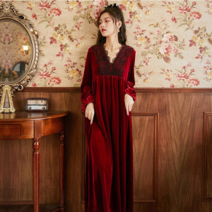 V Neck Long Sleeved Velvet Lounge Wear Vintage French Nightgown for Women