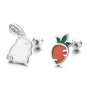 925 Sterling Silver Crystal Rabbit Carrot Asymmetrical Stud Earrings for Women
