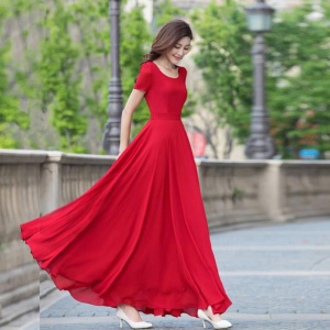 Dress Womens Short Sleeve Solid Elegant Baggy 5XL Sundress Ladies Beach Wear Slim High Waist Chiffon Breathable Ankle-length Ins