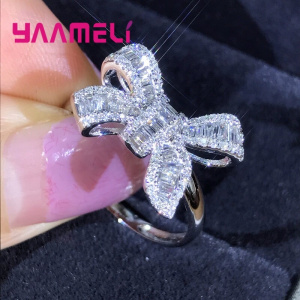 Korean Stylish Princess Queen Ladies Ring Luxury Sterling Silver 925 Rhinestone Bowknot Charming Jewelry for Wedding
