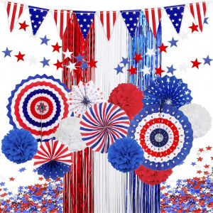 American Flag Paper Fans Patriotic Decoration Set Star Pull Flower Curtain for American National Day Party Decor
