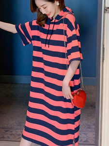 Striped Long Dress Women Hooded Oversized T-Shirt Dress Casual Loose Short Sleeve Woman Dress Fashion Korean Dress
