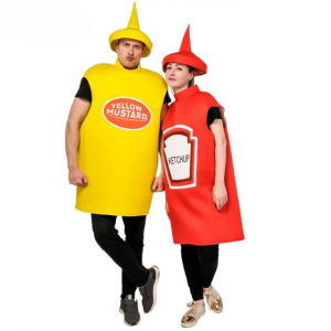 VIP FASHION Unisex Cosplay Costume Halloween Adult Couple Mustard Ketchup Jumpsuit with Cap Women Men Party Funny Food Outfit