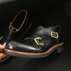 Men Goodyear boots craftsmanship double-buckled Monk Strap shoes Retro Tea core leather fashionable round-headed leather shoes