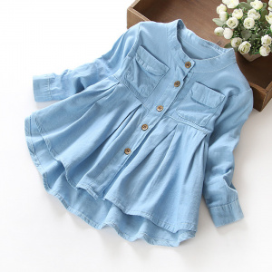 Solid Denim Long Sleeve A-Line Dress for Baby Girls