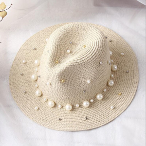 New Hats For Women Flower Beads Wide Brimmed Jazz Panama Hat Sun Visor Beach Hat Flower Pearl rivet Straw Hat