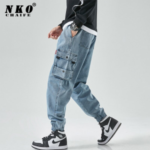 CHAIFENKO New Hip Hop Cargo Jeans Pants Men Fashion Casual Harem Joggers Trousers Men Streetwear Denim Jeans Men Plus Size M-8XL