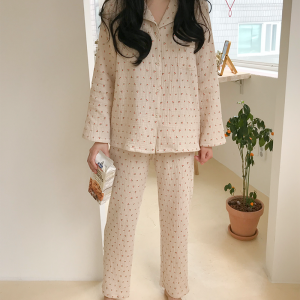 Cotton Linen Sleepwear Set Sweet Cute Cherry Print Pajamas Vintage Kawaii Notched Pocket Home Suit Shirt+Trousers Button S890
