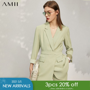 Amii Minimalism Spring New Suit Set Offical Lady Solid Lapel Full Sleeve Belt Women's Coat Causal Women's Suit Pants 12140246