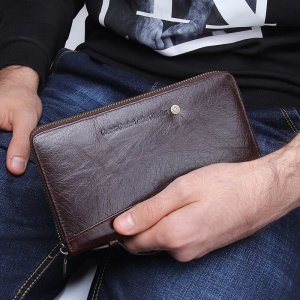 Genuine Leather Men Clutch Wallet  Brand Male Card Holder Long  Zipper Around Travel Purse With Passport Holder 6.5" Phone Case