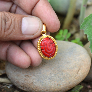 Certified Red Coral/Moonga 4.00 Gemstone Unisex Pendant in Silver Gold Plated ,Birthstone jewelry Pendant Lord Ganesh Pendant