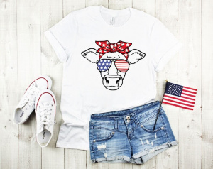Patriotic Cow Shirt, Independence Day Shirt, America Flag Short Sleeve Top Tees O Neck 100% Cotton Harajuku
