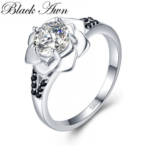 Flower 2019 New Romantic 925 Sterling Silver Fine Jewelry Engagement Black Spinel Engagement  Ring for Women Anillos Mujer G073