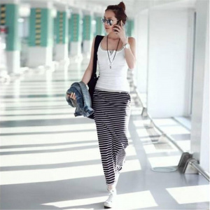 Sexy Cotton Long Skirt Women Stripe High Waist Skirts Black White Splicing Texture Ankle-Length Skirts