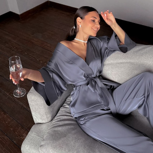 HiLoc Home Suit For Women Sleepwear Loose Flare Pants Three Quarter Sleeve Satin Robe Sets Bathrobe For Home Wear Fashion 2021