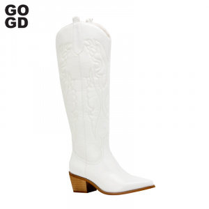 GOGD Retro White Knee High Boots Big Size 41 Women Comfy Walking Female Western Cowboy Boot For Dropshipping Shoes