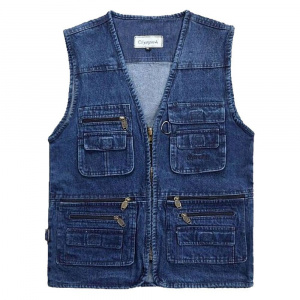 2019 Big Size V-Neck Classic Multi Denim Work Vest Mens Solid Casual Waistcoat with Many Pockets Fishing Vest Sleeveless Jacket