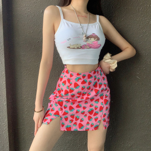 Pink Strawberry Pattern A-Line Split Mini Skirts for Women