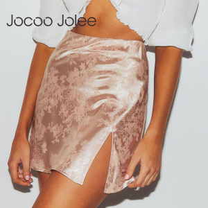 Jocoo Jolee Women Summer Elegant Jacquard Satin Short Skirt Sexy High Waist Split Mini Skirt Vintage Zipper Skirt High Street