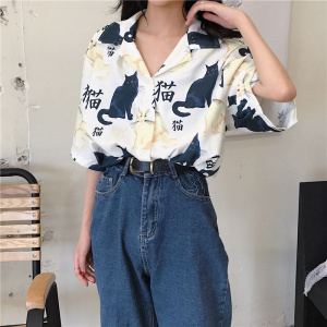 Blouses Women Vintage Cat Printed Korean Basic Loose Chic Design Ladies Shirts Daily College Street All-match Womens Blouse Top