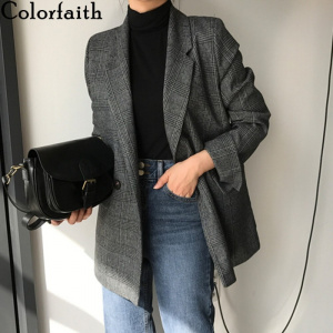 Colorfaith New 2021 Winter Spring Women's Blazers Plaid Double Breasted Pockets Formal Jackets Checkered Outerwear Tops JK7113