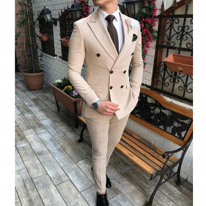 2022 New Beige Men's Suit 2 Pieces Double-Breasted Notch Lapel Flat Slim Fit Casual Tuxedos For Wedding(Blazer+Pants)