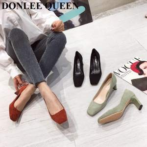 Square High Heels Shoes Woman Flock Faux Suede Square Toe Black Heels Women's Shoes Office Ladies Female Pumps Shoes