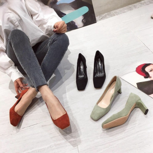 Square High Heels Shoes Woman Flock Faux Suede Square Toe Black Heels Women's Shoes Office Ladies Female Pumps Shoes