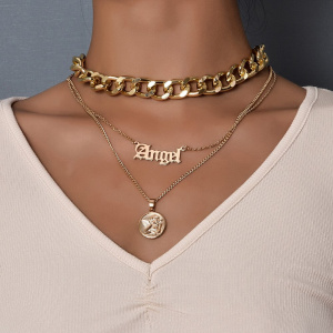 New Fashion Exaggerated Thick Chain English Word Angel Portrait Necklaces For Women Multilevel Female Vintage Necklace Jewelry