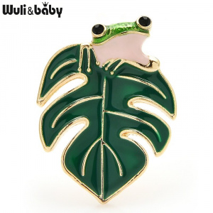 Wuli&baby Enamel Frog Brooches For Women 2-color Leaf Animal Party Causal Brooch Pins New Year Gifts