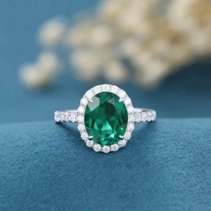 Statement 6 Carats Muzo Green Lab Simulated Emerald Ring, Oval 12×10mm Halo Emerald Cocktail Ring, Princess Diana Engagement Ring