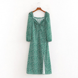 Foridol vintage long sleeve green floral dress women slit long maxi dress leaf print boho dress vestidos
