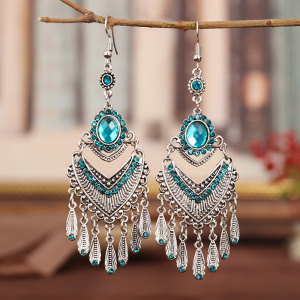 Vintage Multicolor Crystal Rhinestone Bohemian Earrings For Women Ethnic Gypsy Geometric Tassel Layered Boho Statement Earrings