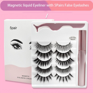 Round Tube Magnetic Liquid Eyeliner With 5Pairs False Eyelashes Easy To Wear Lashes Mixed Set Long Lasting Quick-drying TSLM1