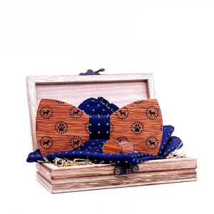Wood bow tie Solid Business bowtie men vintage Dog Printed wood bow tie pocket square handkerchief cufflinks With box Set
