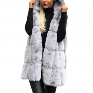 Across Stripe Long Faux Fur Vest Coat Hooded Solid Color Open Front Cardigan Waistcoat Hooded Open Front Cardigan Waistcoat