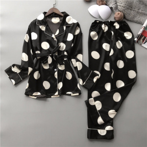 Silk Pajamas Set Women Sexy Print Dot Summer Female Pyjamas Long Shirt 2Piece/Set Stitch Lingerie 2019 Home Sleepwear