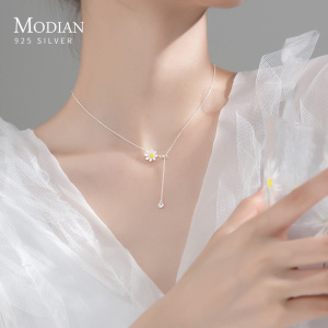 Modian Romantic 925 Sterling Silver Enamel Falling Petal Daisy Tassel Zirconia Pendant Necklace for Women Fine Jewelry Girl Gift